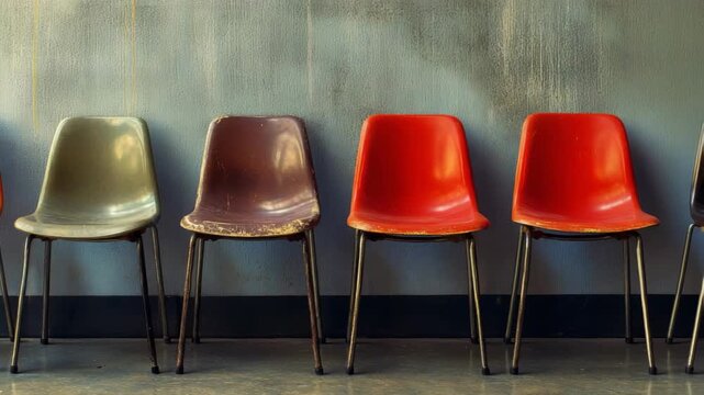 Row of vintage chairs, each a different color: red, green and blue. Perfect for classroom or office setting.