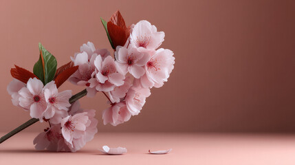 Blooming sakura branch with delicate pink petals and green leaves on pastel background, evoking calm and gentle spring mood