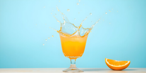 Refreshing orange juice splashing in vibrant blue background