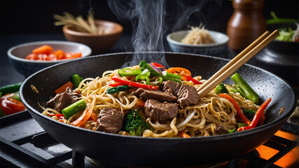 Steaming stir-fried noodles with beef and vegetables in a wok