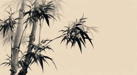 Fototapeta premium A grayscale ink wash painting depicts bamboo stalks and leaves, rendered with delicate brushstrokes against a muted beige background, suggesting serenity and natural beauty