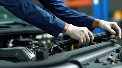 Automotive mechanic repairmen checking the system working engine of the engine room, check the mileage of the car, oil change, auto maintenance service concept