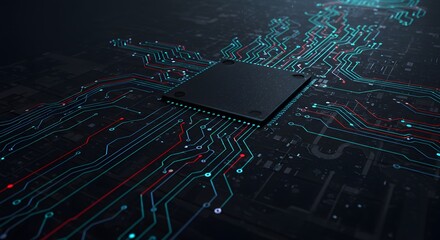 Abstract microchip with glowing circuit pathways and data flow in a futuristic digital landscape