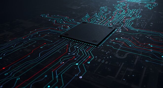 Abstract microchip with glowing circuit pathways and data flow in a futuristic digital landscape