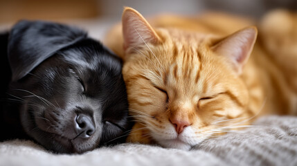 Dog And Cat Napping Together