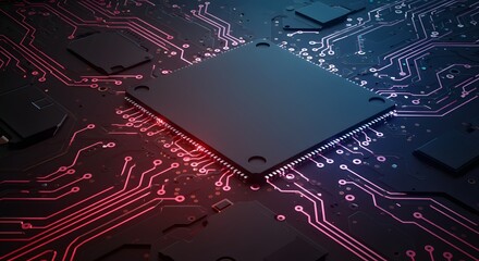 Close-Up View of a Microchip on a Circuit Board with Illuminated Patterns and Modern Design