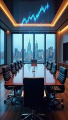 Meeting Room. Modern conference room overlooking urban skyline at dusk. Business Meeting.