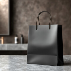 Black paper bag shopping bag retail luxury modern elegant handle empty table store soft light stylish minimalistic sophisticated calm