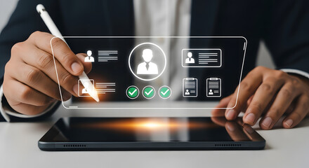 Professional Innovation: Businessman Navigating Holographic Interfaces on Tablet