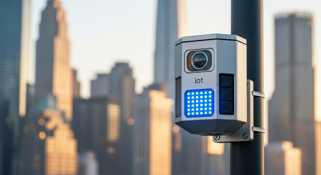 Hexagonal IoT Smart City Sensor Mounted on Urban Light Post - Powered by Adobe