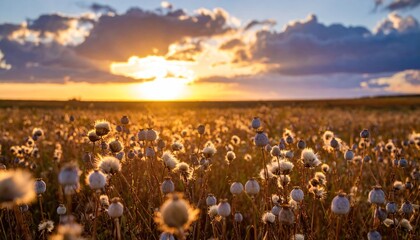 Idyllic poppy field at golden hour bathed in warm sunlight and puffy clouds