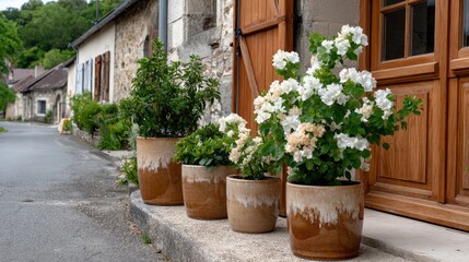 Naklejka premium Vibrant clay pots and vases arranged on a wooden shelf in a serene backyard garden with greenery and a rustic wood fence