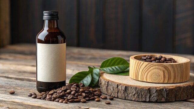 Brown glass bottle with blank label sits among roasted coffee beans and leaves on a rustic wooden surface showcasing a coffee drink.