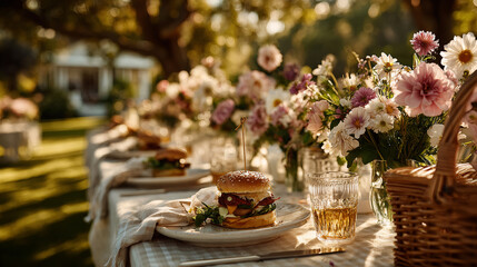 Fototapeta premium Outdoor garden party with a burger at sunset. Elegant dining table set with flowers for a summer celebration event.