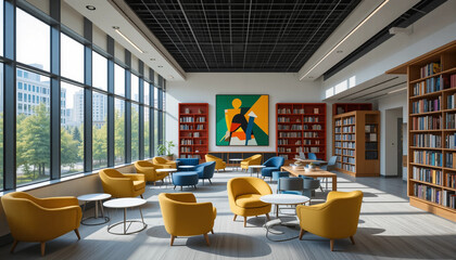 Modern library interior with colorful seating, large bookshelves, and panoramic city view through tall windows. Contemporary open reading space design. 3D Rendering