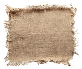 A rectangular piece of coarse, light-brown burlap with frayed edges, exhibiting a rough, textured surface and uneven weave