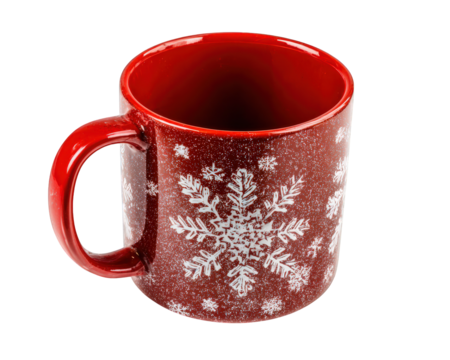 Red mug snowflake pattern festive ceramic holiday winter isolated transparency background cheerful drinkware. red ceramic mug with white snowflake design festive and cheerful perfect for winter