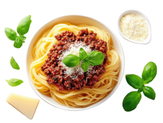 Spaghetti bolognese with basil and parmesan cheese on transparent background