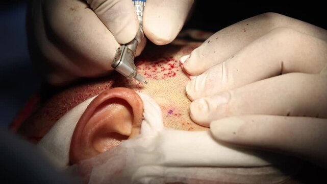 Close-up shot capturing punch incisions made around hair follicles during a hair transplant