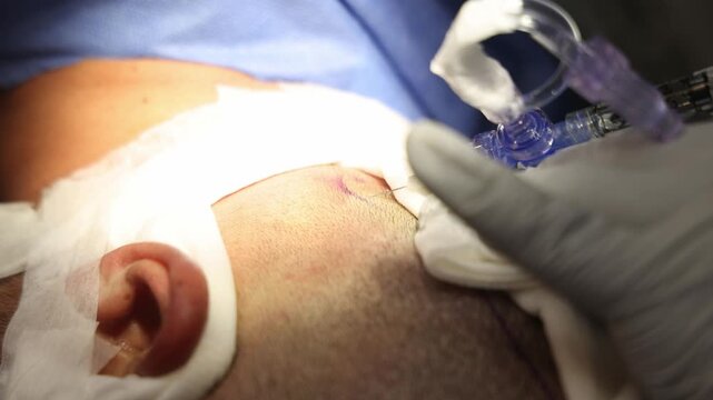 Close-up view of local anesthetic being administered into the scalp to desensitize the area