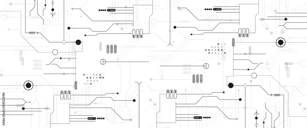Poster vector technology black circuit diagram concept. abstract circuit board design with lines dots