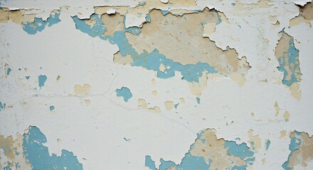 Close-up of peeling paint on a wall, revealing layers of different colors and textures.