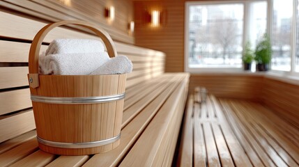 Experience serenity in a minimalist wooden interior of a small home spa, complete with a cozy towel and decorative plants, for ultimate relaxation