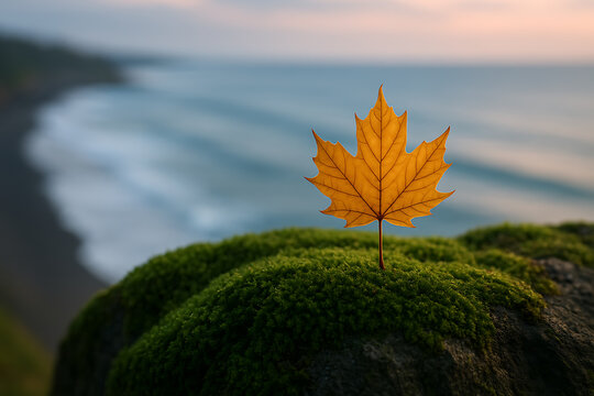Single yellow maple leaf standing on mossy rock with ocean in background, autumn nature scene, tranquil coastal landscape.