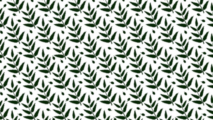 A repeating pattern of dark green leaves and small dark circles on a white background design style