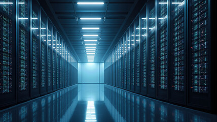 Data center hallway showcasing technological infrastructure and modern digital network