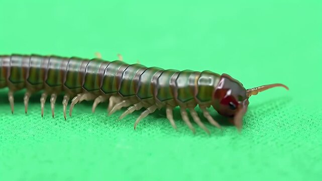 Close-up Macro Shot of a Tropical Millipede Crawling on a Vibrant Green Background, Showcasing its Segmented Body and Many Legs for Nature and Inse...