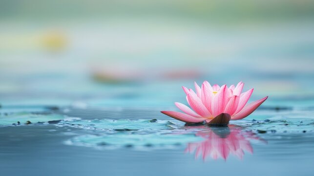 One pink lotus is suspended on the rippled blue water's surface