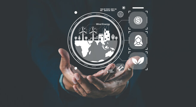 Hands holding a digital globe with wind turbines and eco-friendly icons, symbolizing renewable energy and sustainable technology.