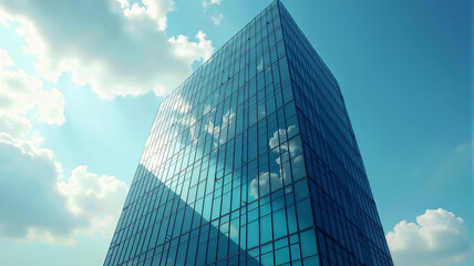 Glass skyscraper reflecting clouds under vibrant blue sky