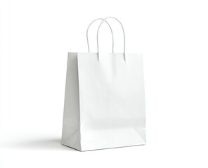 A small, plain white paper shopping bag with twisted paper handles stands on a white background, casting a subtle shadow