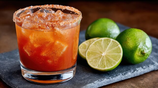 Spicy michelada cocktail with ice and fresh limes on slate board