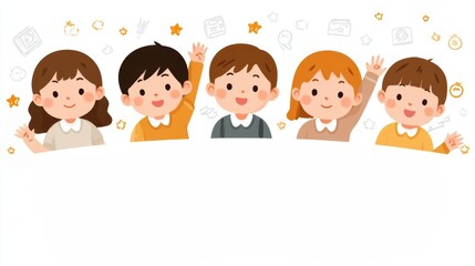 Cheerful children waving and smiling against a colorful background with playful elements and design elements of joy