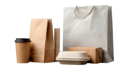 A studio shot of various sizes of eco-friendly paper food packaging; bags, boxes, and a coffee cup