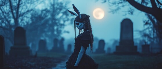 Fototapeta premium Girl in halloween costume in a foggy cemetery at night