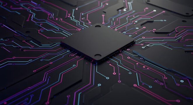 Close-Up of a Microchip Surrounded by Complex Circuitry on a Black Background with Gradient Colors