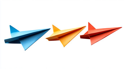 Fototapeta premium Three paper airplanes in blue orange and red colors on a white background in a horizontal composition