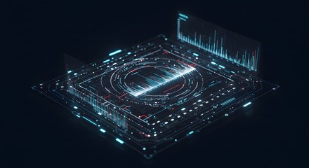 Futuristic Data Visualization Interface with Neon Accents and Geometric Patterns in Dark Background