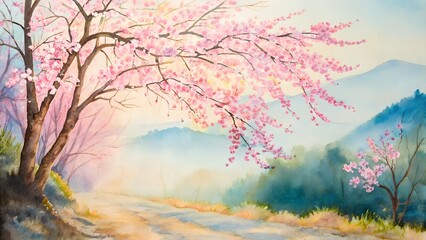 Spring Blossom Tree on Mountain Road &ndash; Peaceful Nature Landscape Painting with Cherry Flowers