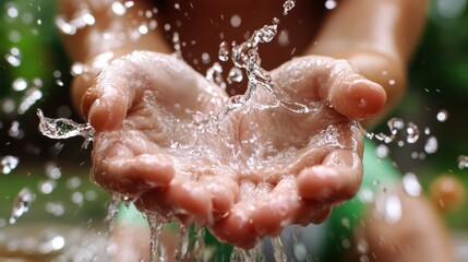 Fototapeta premium Child's hands capturing splashes of water outdoors in nature National Water Balloon Day