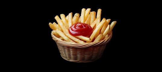 A basket of crispy golden French fries with ketchup 