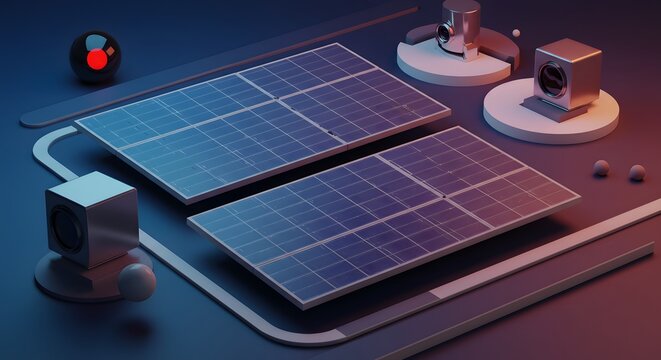 Abstract Visualization of Solar Energy Technology with Photovoltaic Panels and Monitoring Devices - Powered by Adobe