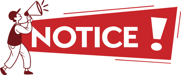Person with megaphone announcing important notice with exclamation mark on red banner illustration