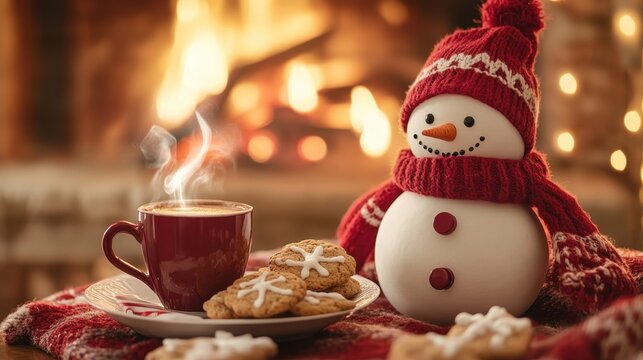 Cozy winter scene with snowman, hot cocoa, and cookies by warm fireplace
