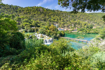 Fototapeta premium Scenic Waterfalls and lakes in a Lush Green Forest, National Park Krka, Skradin waterfalls , Croatia