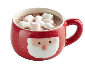 Red mug with Santa face design, filled with hot chocolate and topped with marshmallows, festive and cozy holiday drink on transparency background
